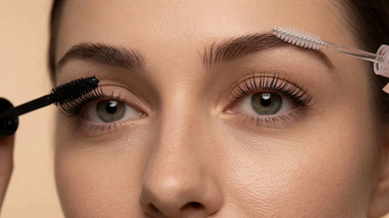 Mujer con cejas y pestañas cuidadas, aplicando sérum con un aplicador